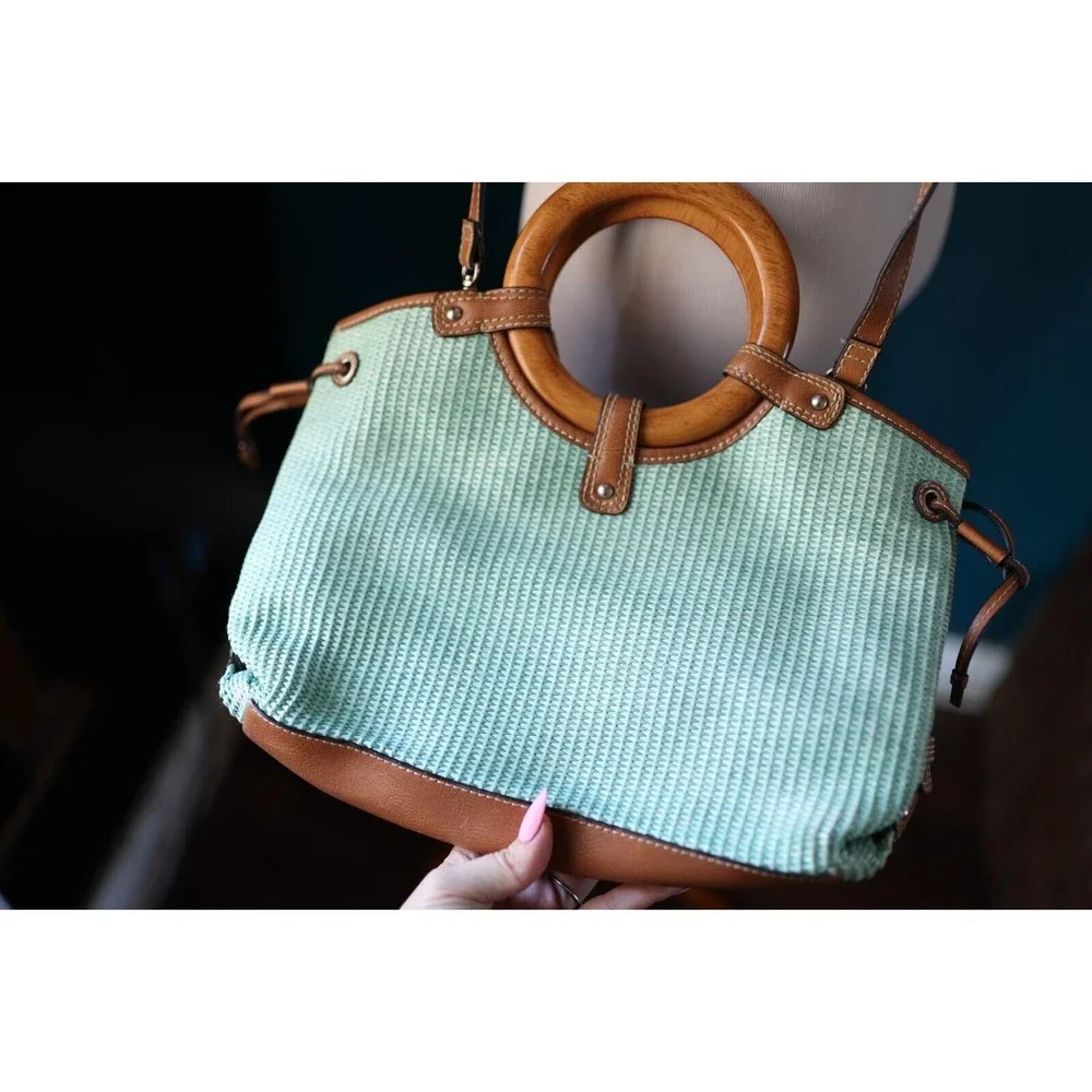 VTG Fossil 1954 Classic Seafoam Green Woven Rattan Wood Handles Strap Bag Purse